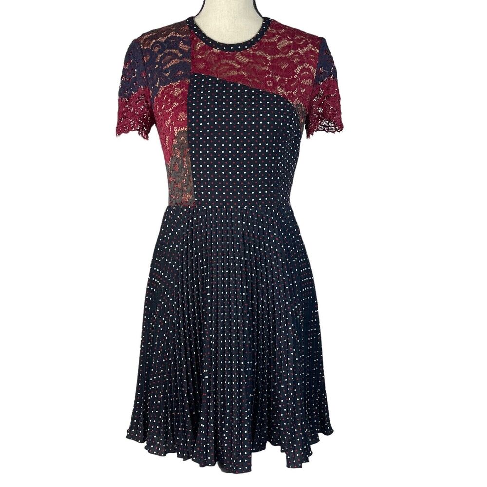 French Connection SZ 6 Phoebe Dress Mix-Lace Polka Dot Round Neck Pleated Mini